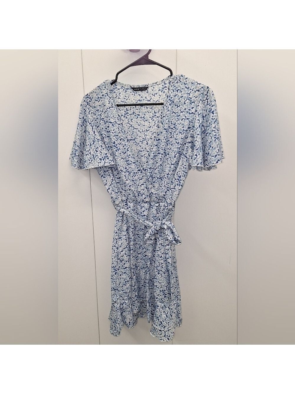 Floral Dress Blue and White Large Ruffle Sleeves